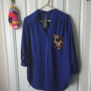 NWT Blue Blouse with Leopard Print Pocket